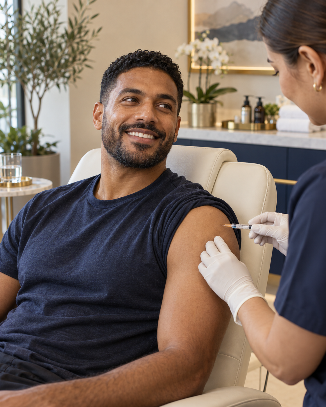 Man discussing a wellness injection with a clinician