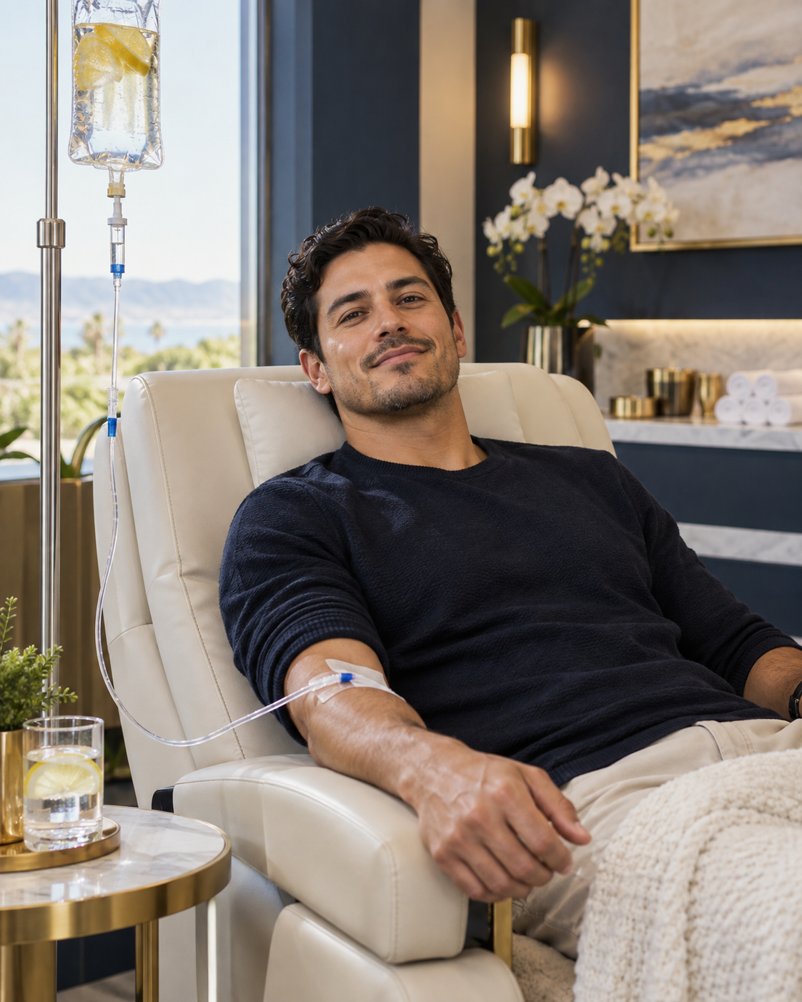Man relaxing during IV therapy